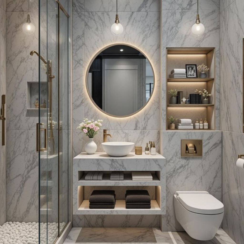 Marble bathroom with a round backlit mirror above a white vessel sink and open towel shelves under a floating vanity.