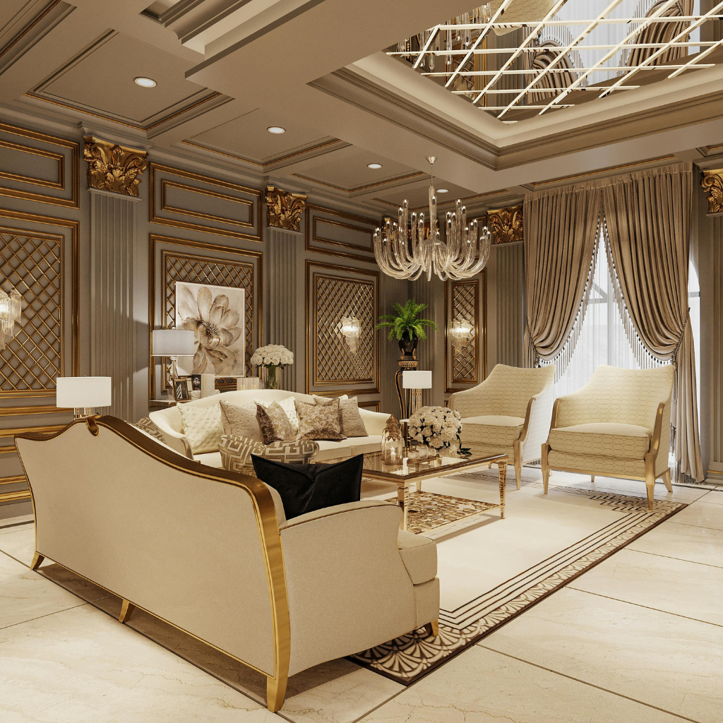 Luxurious beige living room with gold accents, crystal chandelier, and cream upholstered seating around a glass coffee table.