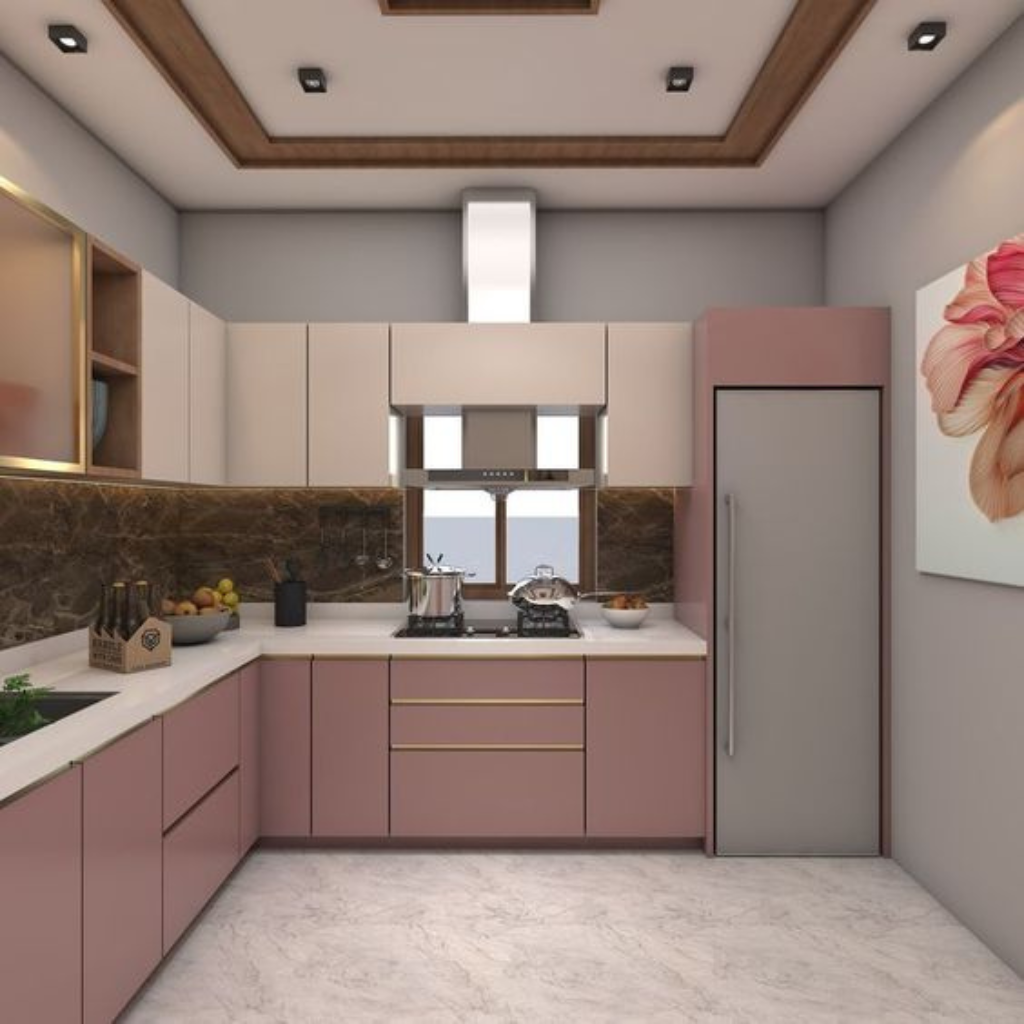Modern L-shaped kitchen with pink lower cabinets, beige uppers, marble backsplash, and stainless fridge on the right.