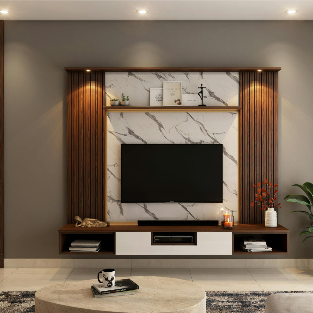 Modern living room entertainment wall with a flat-screen TV mounted in a marble panel framed by wood slats and shelves.