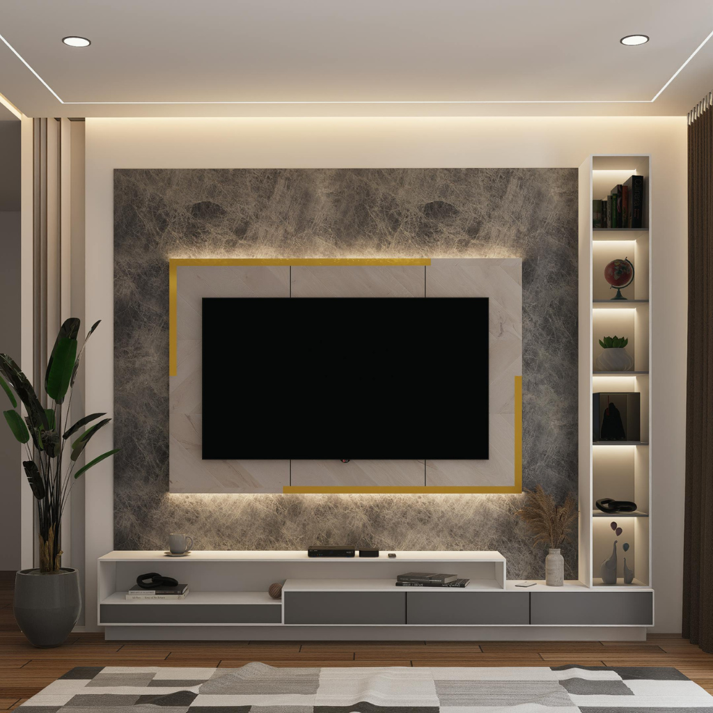 Large flat-screen TV mounted on a gray marble accent wall with a gold-framed surround, above a white low media console in a modern living room.