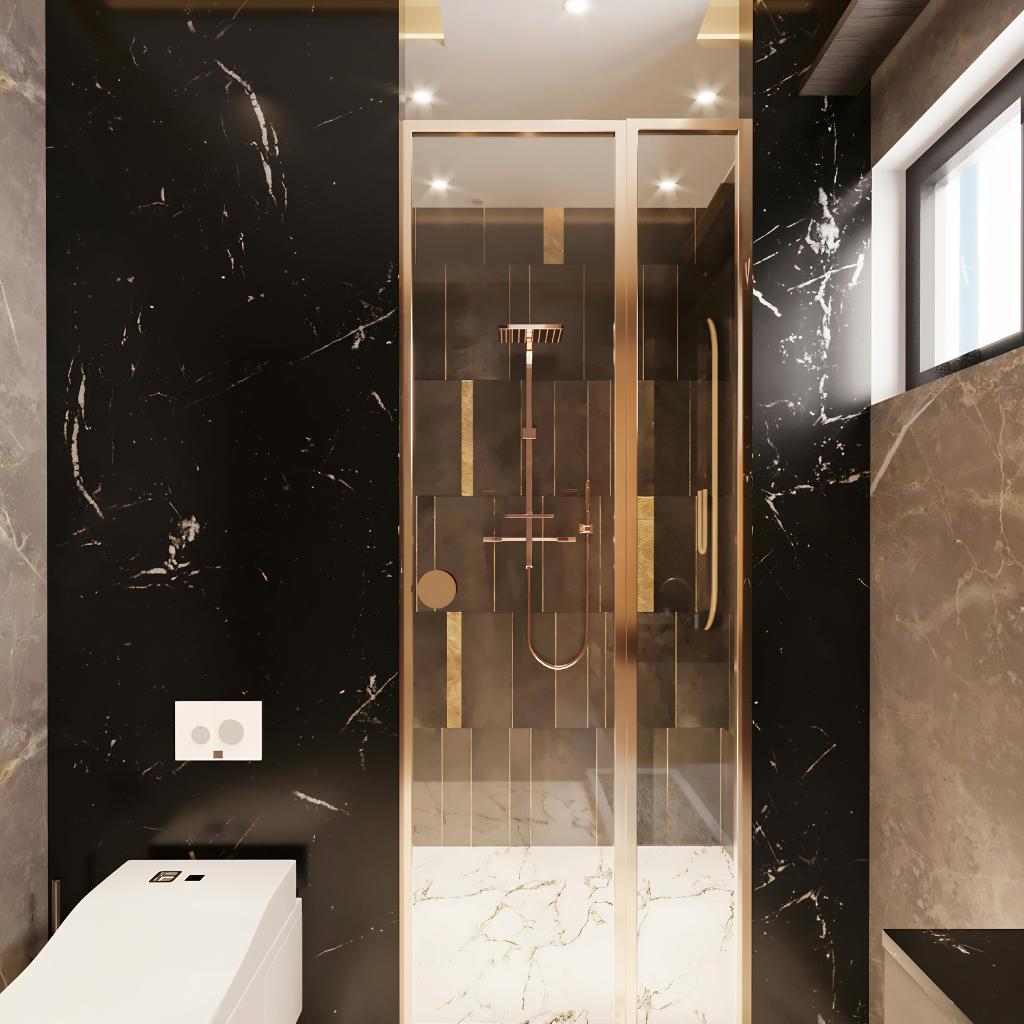 Luxurious bathroom with a gold-framed glass shower, black marble walls, and a white marble floor; wall-mounted toilet visible on the left.