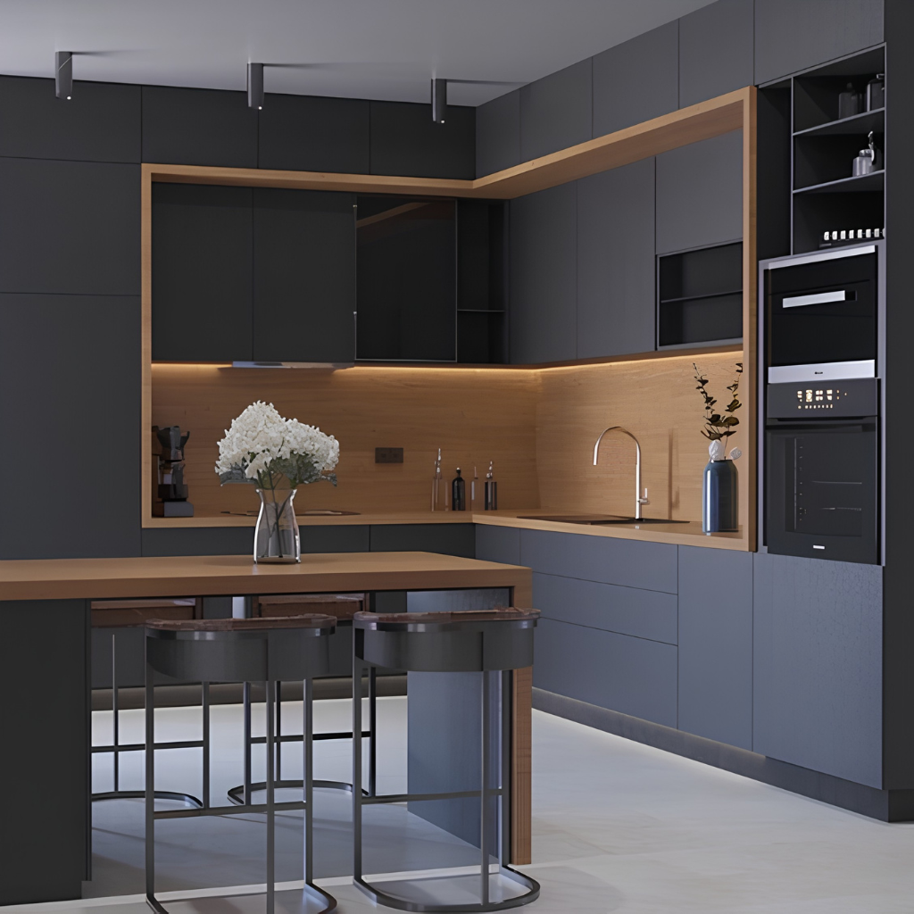 Modern dark kitchen with a wood-framed island, three metal bar stools, and a vase of white flowers by the counter.